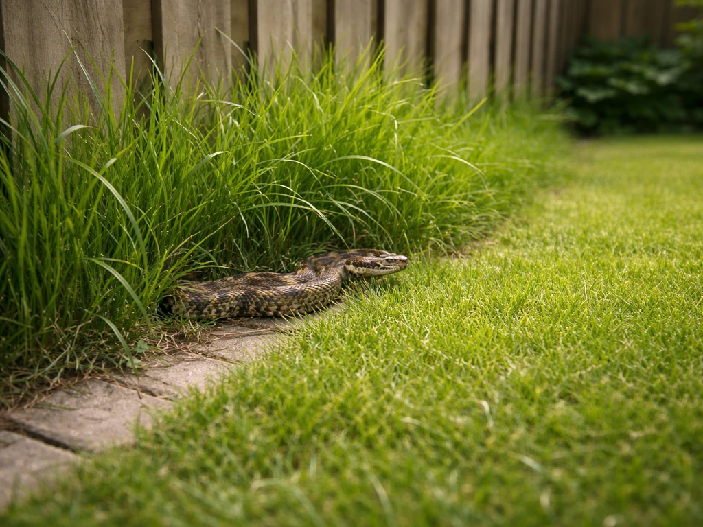 Veilig ogende gazonrand met hoog gras in een tuin, waar een grasadder in de buurt herkenbaar is.