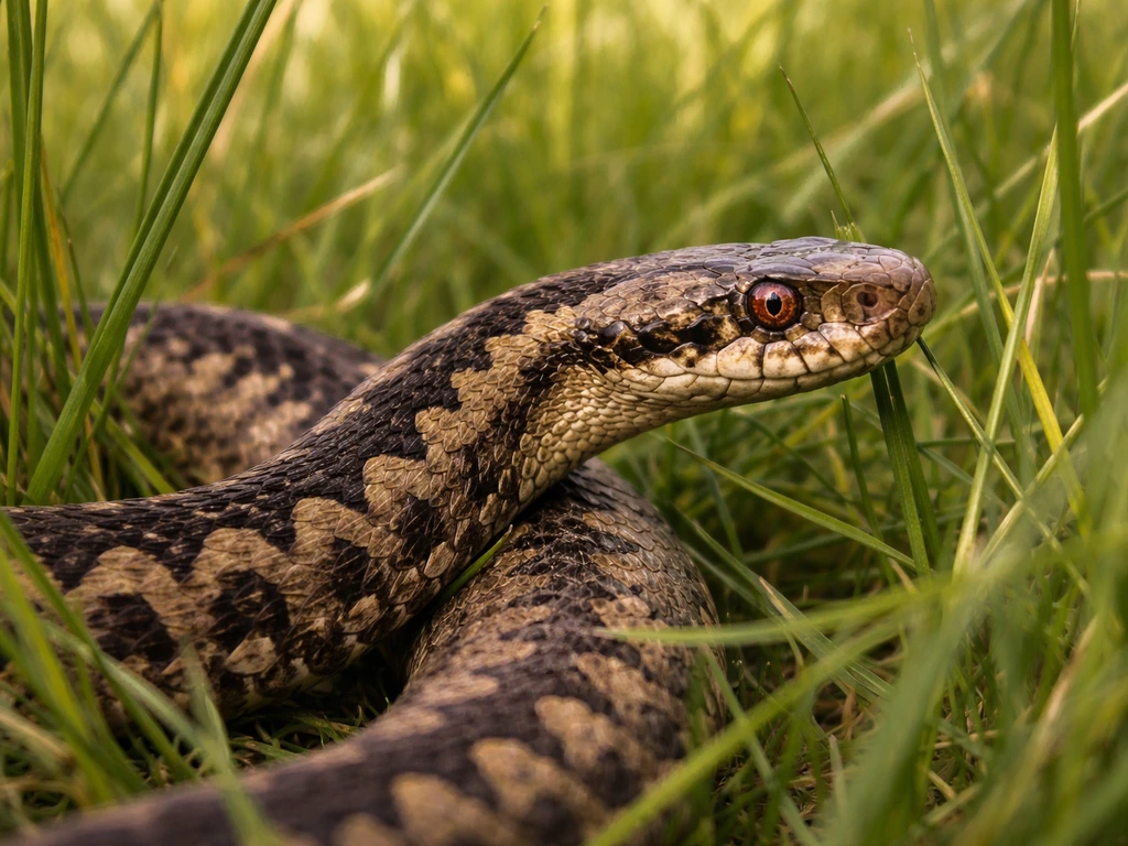 Close-up van een adder in hoog gras met zigzagstreep en driehoekige kop, scherp op herkenningskenmerken.