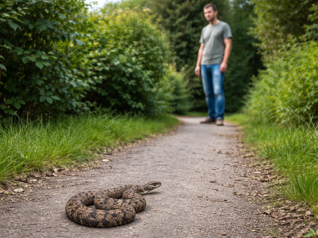 Een adder op een tuinpad op afstand, een persoon die stil blijft en niet dichterbij komt