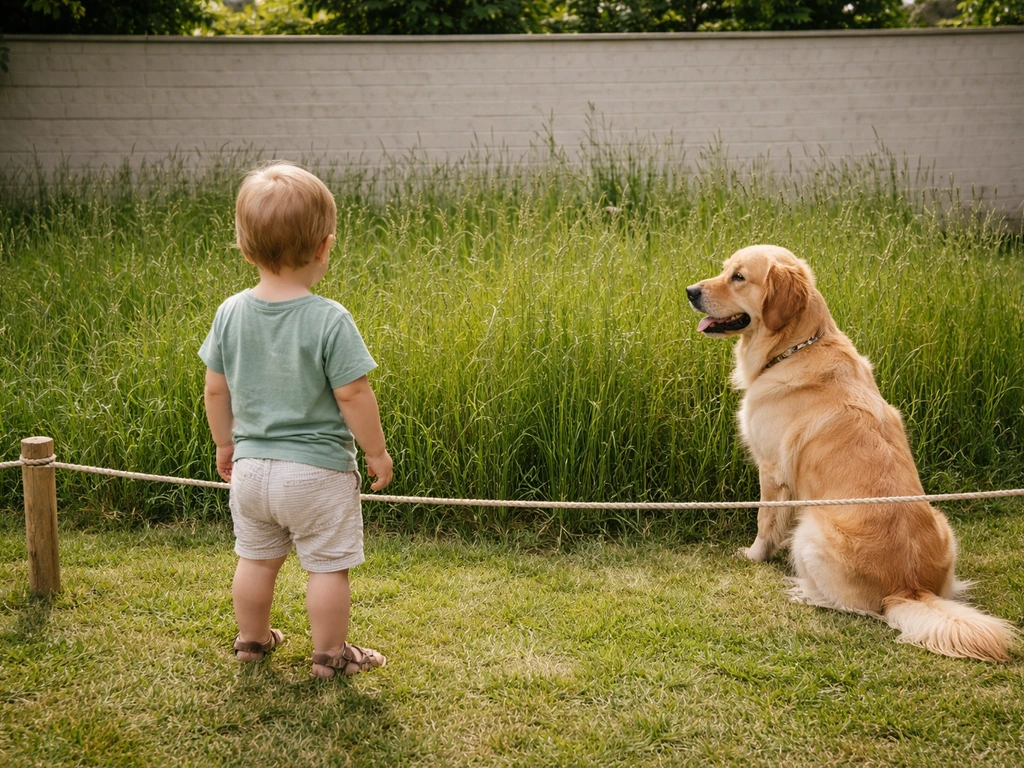 Kind en hond op afstand van hoog gras, binnen een afgebakende veilige zone in een rustige tuin.