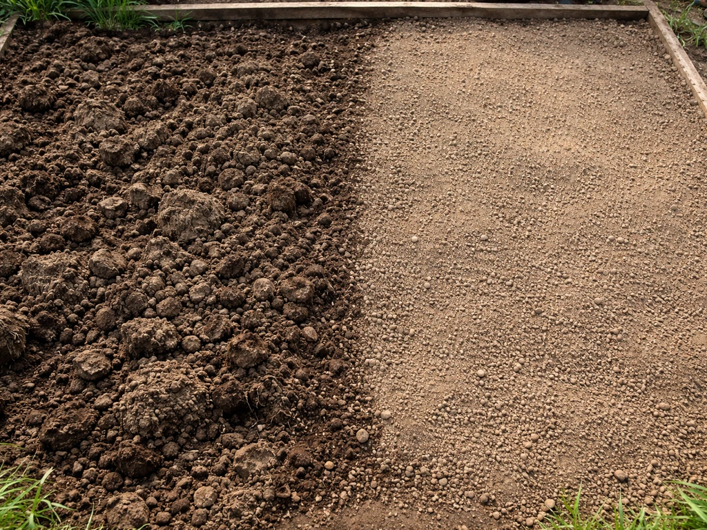 Bovenaanzicht tuinperceel: links omgewerkte klei met compostsporen, rechts vlak zaaibed klaar voor gras.