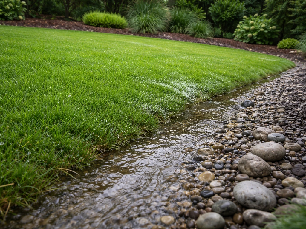 Tuin met gazon op licht afschot, water loopt weg richting draineerzone zonder plasvorming