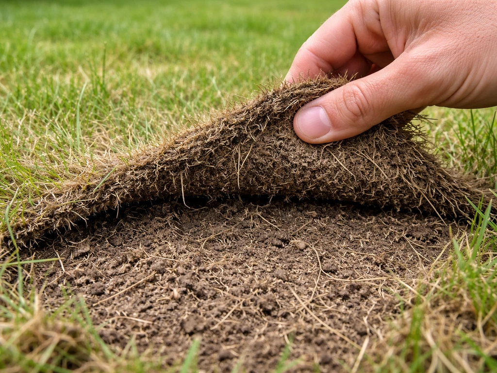 Hand tilt viltlaag van het gras op en toont een droge, problematische kern in de tuin