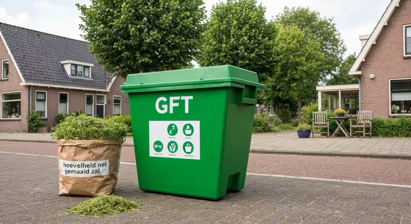 GFT-container naast composteerbare zak met gemaaid gras in een Nederlandse tuin