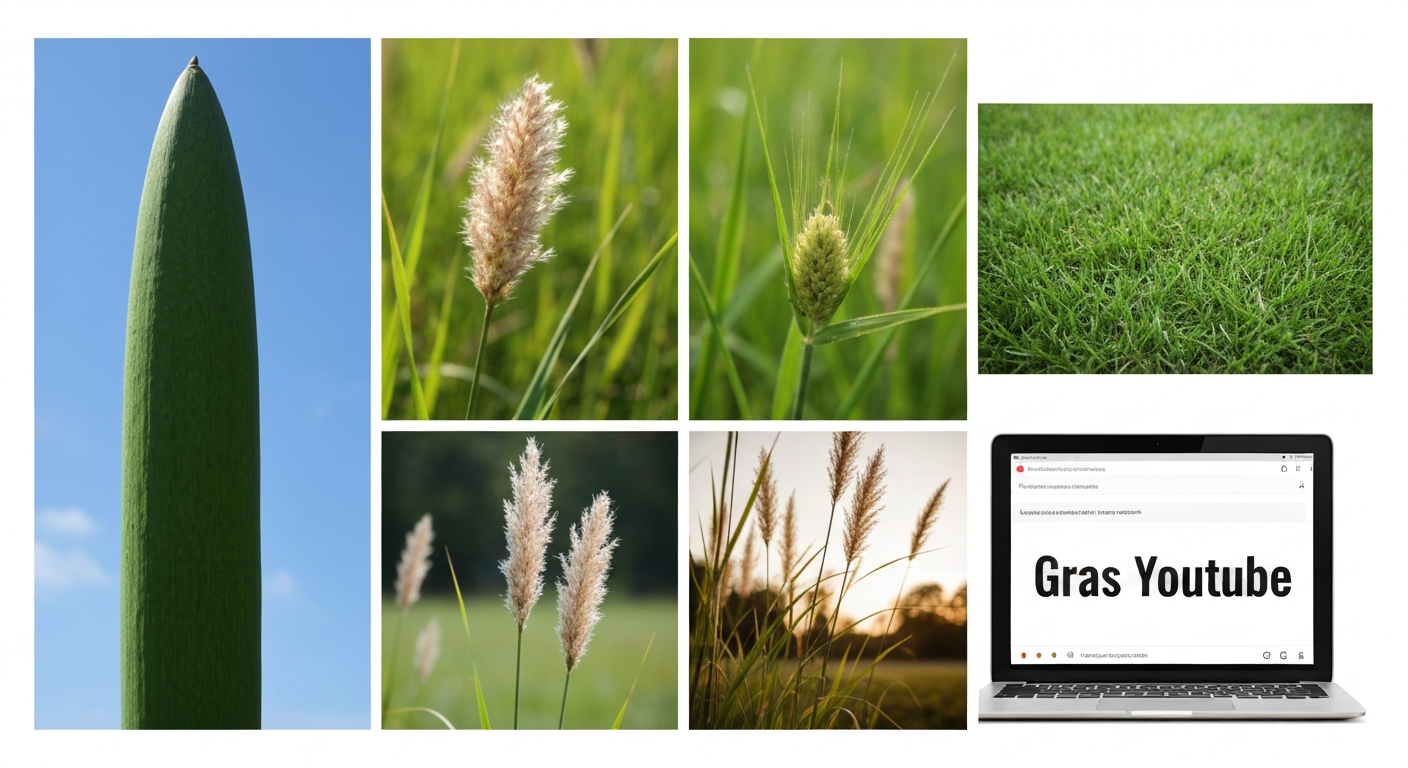 Montage van vier beelden: groen gazon, close-up van graszoden en aarde met zaad, siergras met pluimen en een tablet met zoekbalk met de tekst 'gras YouTube'.