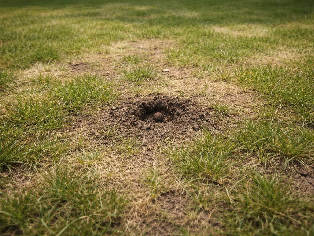 Bovenaanzicht van een gazon met kale plekken en dunne zones, met een klein ingegraven testplekje in de aarde.