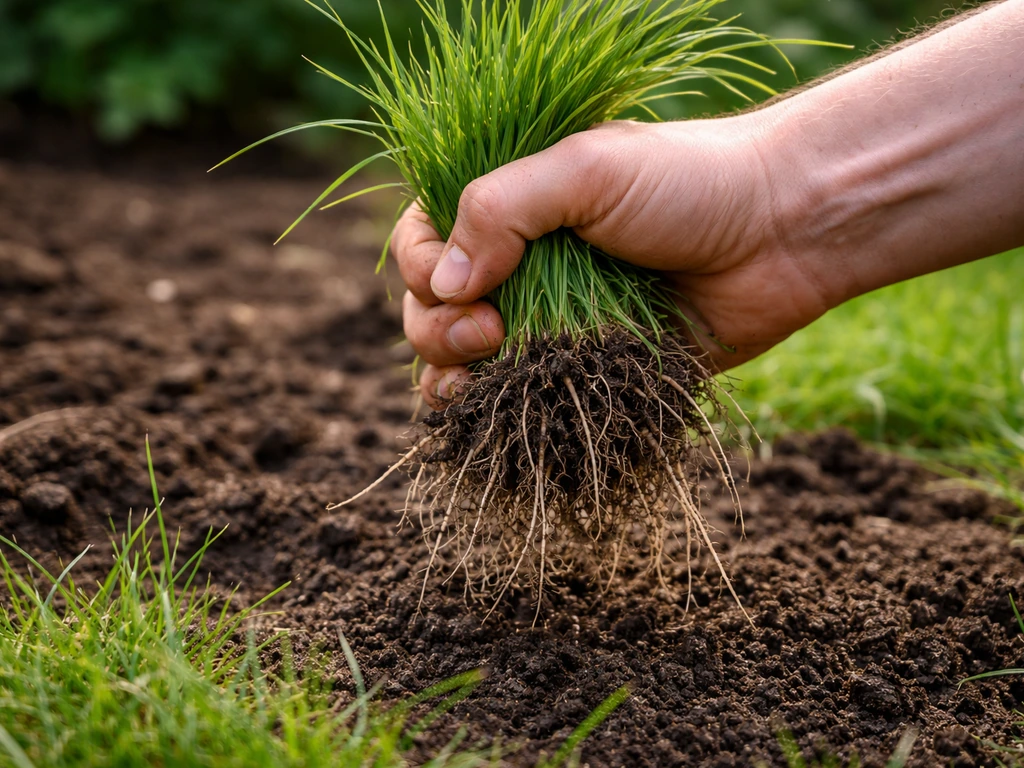 Hand trekt een handvol gras uit de grond; focus op loskomende wortels en aarde.