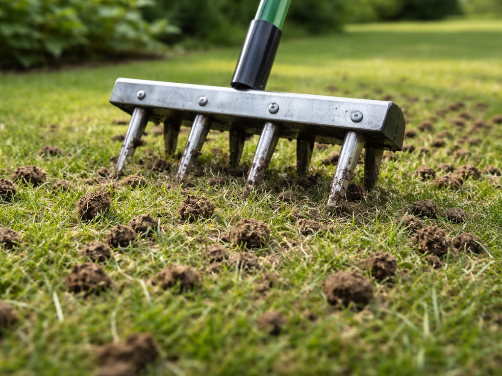 Tuinman prikt met een beluchter gaten in het gazon, opengewerkt oppervlak na beluchting.