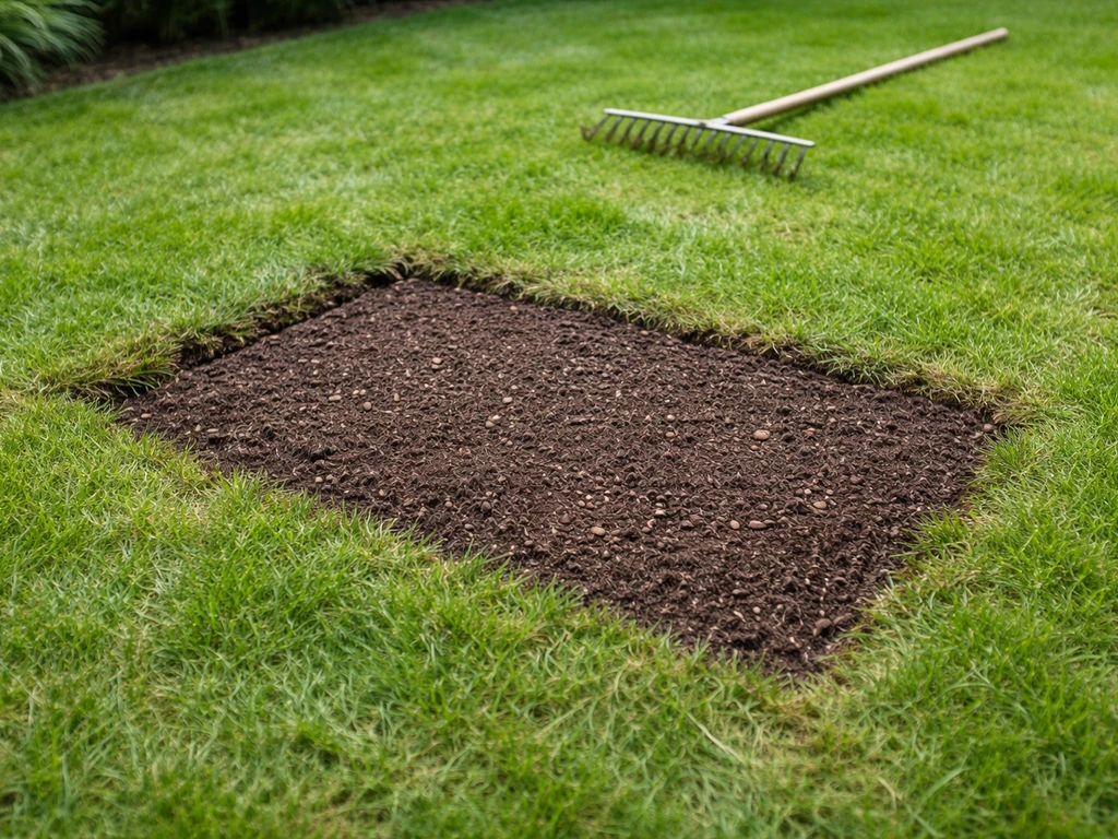 Kleine herstelstrook in de grasmat: losgewoelde kale plek met graszaad en licht afgedekte tuinturf