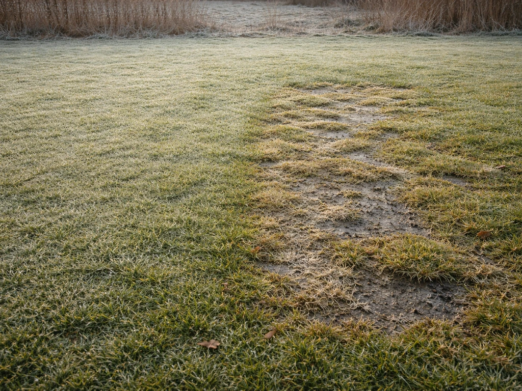 Gelijkmatige, grijs-vergeurde plek naast een duidelijk onregelmatig beschadigd deel op een wintergazon.
