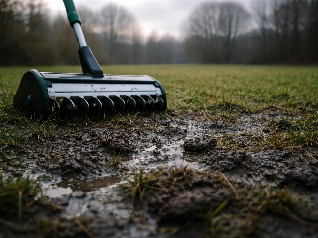 Verticuteerhark of verticuteermachine klaar op nat, deels bevroren ogende grond in februari.