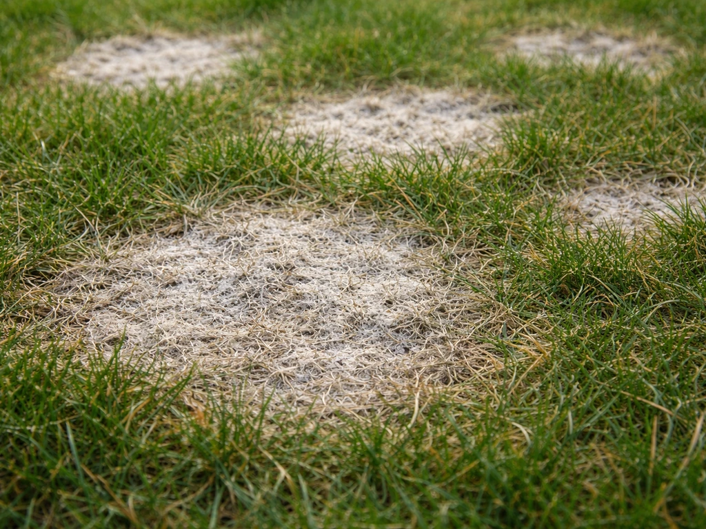 Close-up van onregelmatige grijze vlekken in wintergazon, passend bij sneeuwschimmel.