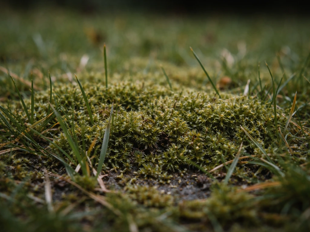 Close-up van mos tussen kort gazon, vochtig en donker plekje in februari met zachte winterse belichting.