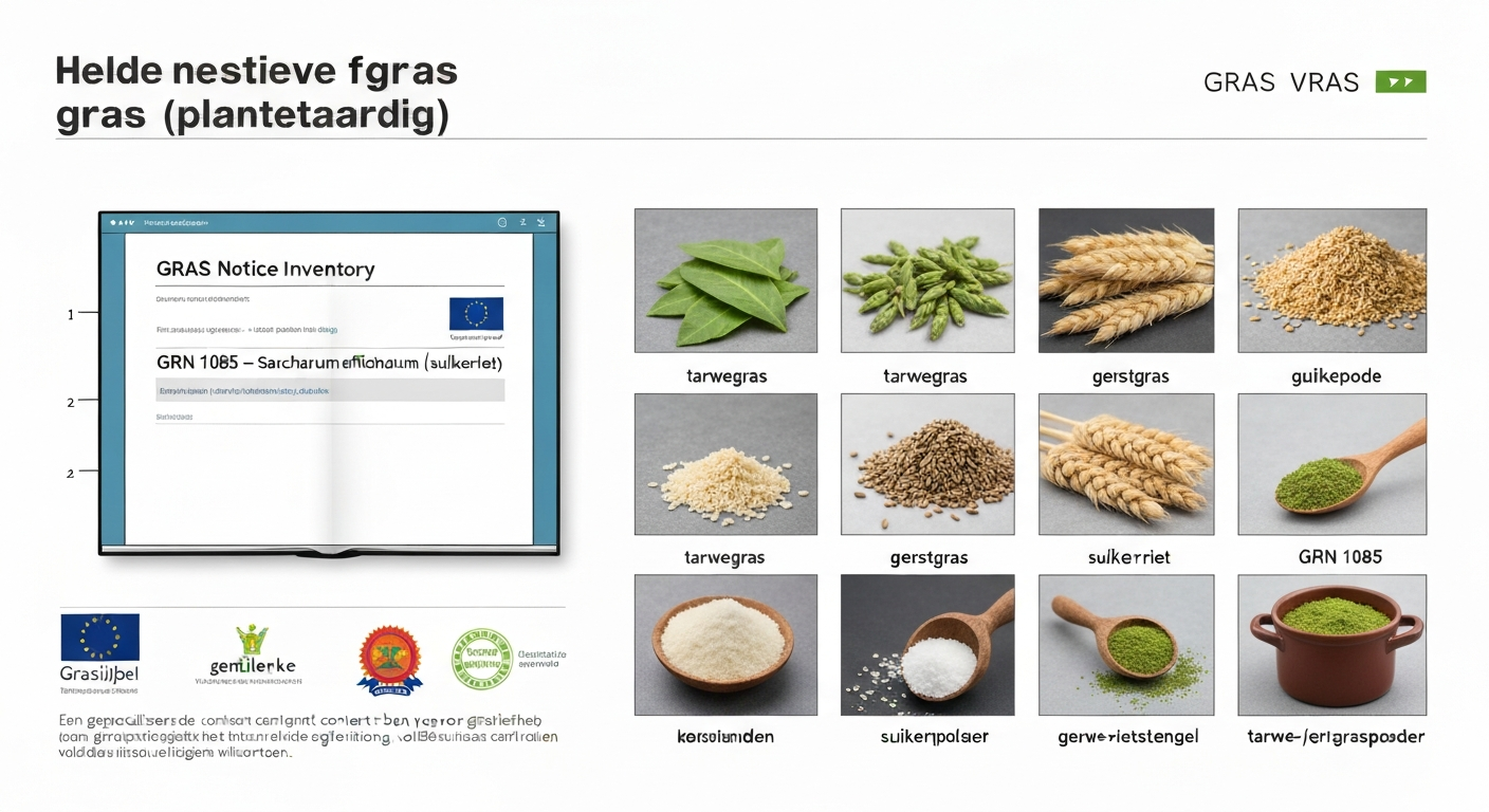 Headerillustratie: links gesimuleerde 'GRAS Notice Inventory' met gemarkeerd 'GRN 1085', rechts close-ups van tarwegras, gerstgras, suikerriet en potje groenpoeder; subtiele EU- en Nederland-badge.