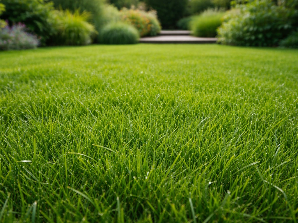 Diep groen, dicht en gelijkmatig gazon in een Nederlandse zomer­tuin, scherp op de gezonde grasmat.