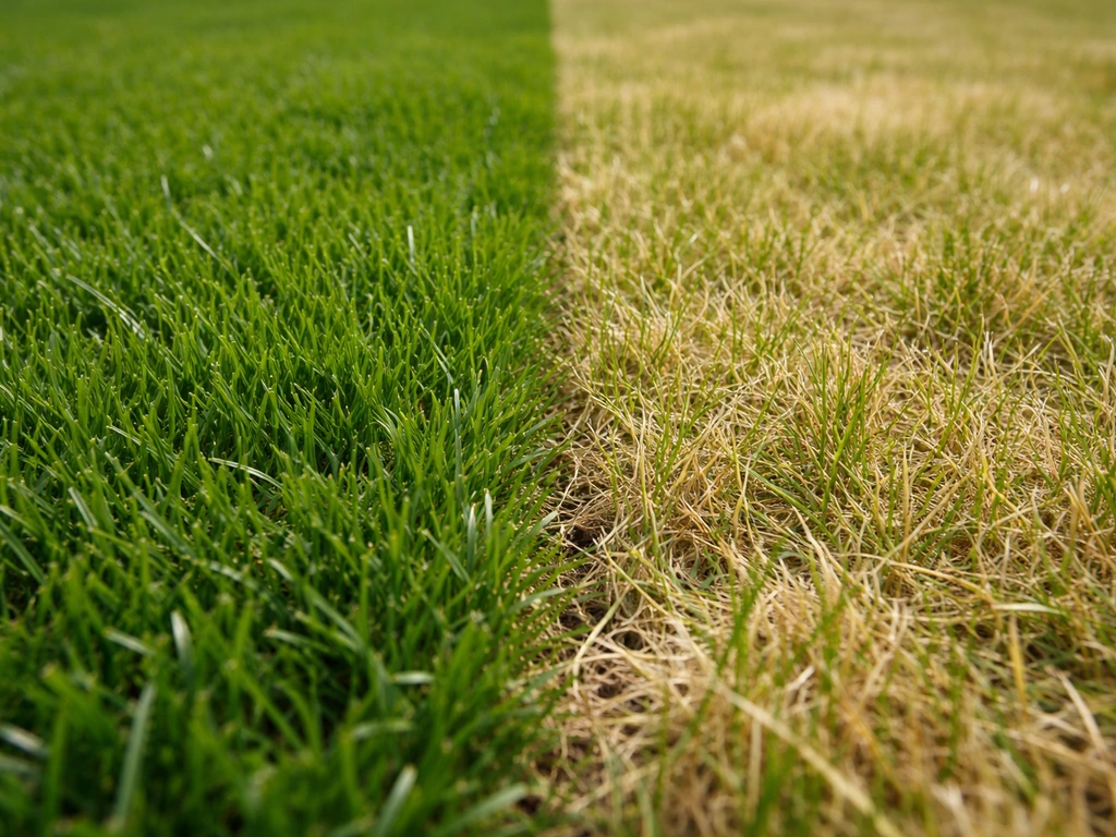 Twee naast elkaar staande gazons: links diepgroen, rechts bleek/geel, close-up van grasbladen en textuur.