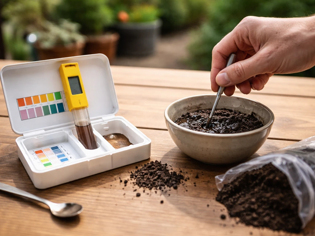 Close-up van een bodemtest op tafel met pH-meter/testkit en een hand die een grondmonster test.