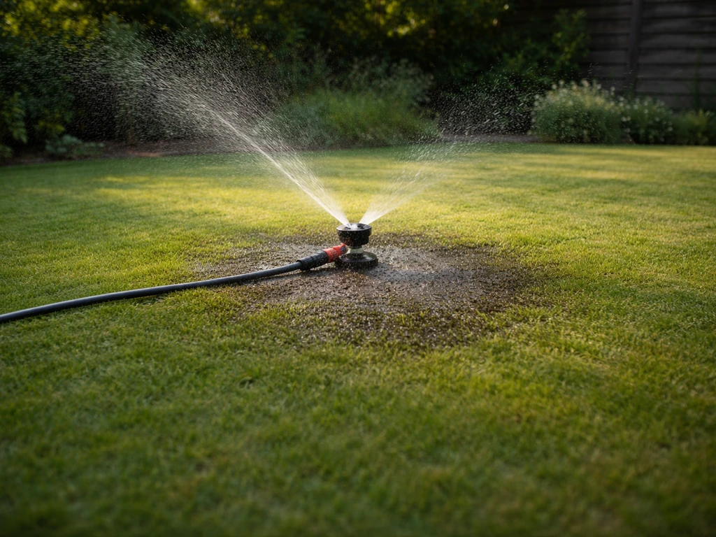 Sproeier geeft langdurig water; zichtbaar donkere, vochtige bodemzone rond de beregeningsinstallatie.