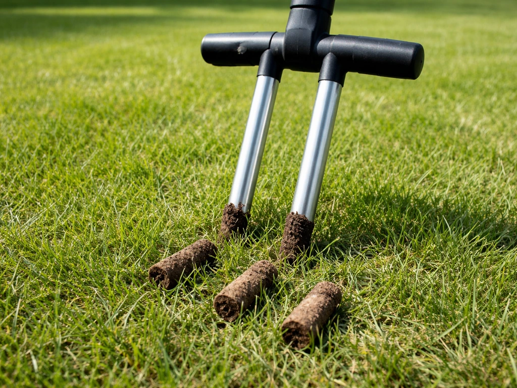 Beluchten van een gazon met een grasbeluchter; uitgehaalde grondkernen laten verdichting zien.