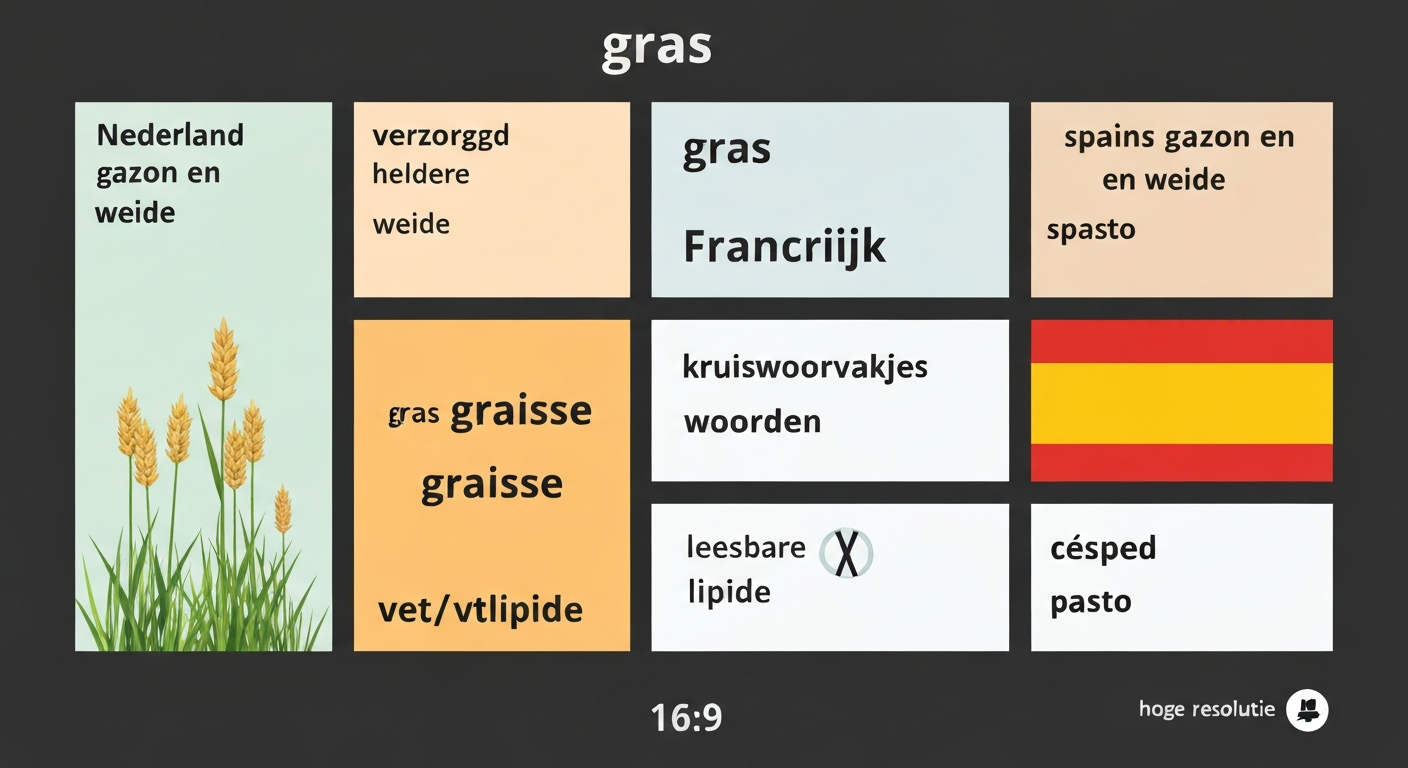 Collage: Nederlands gazon links, Franse woorden op kruiswoordvakjes in het midden, Spaanse termen rechts — illustratie voor 'gras' in kruiswoordpuzzels.