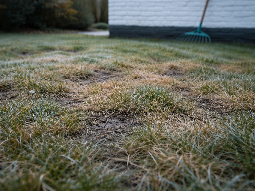Nederlands wintergazon met bruine, dorre plekken zichtbaar op natte grond