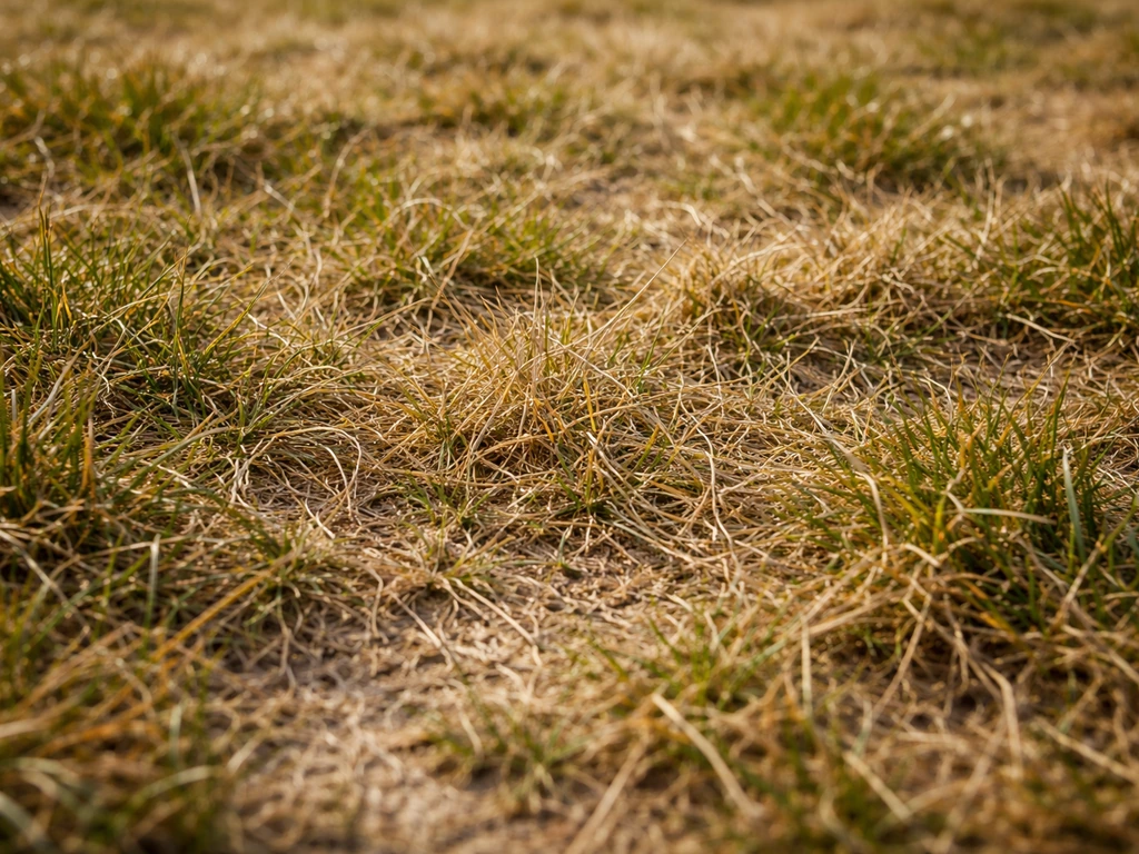 Close-up van bruin en geel dor gras op een wintergazon met ongelijk verdroogde plekken