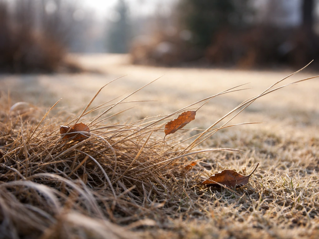 Verdroogde grassprieten aan de rand van een gazon op een zonnige winterdag met wind
