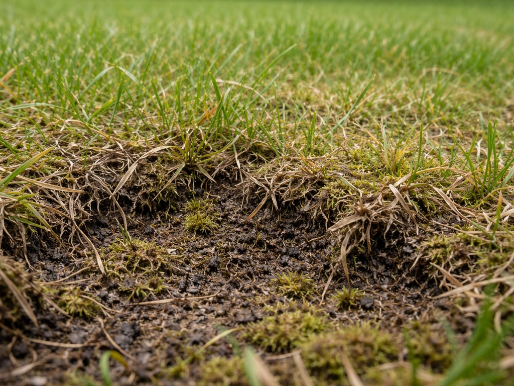 Close-up van verfilting en mos op het gazon, waar dood organisch materiaal contact maakt met levend gras.