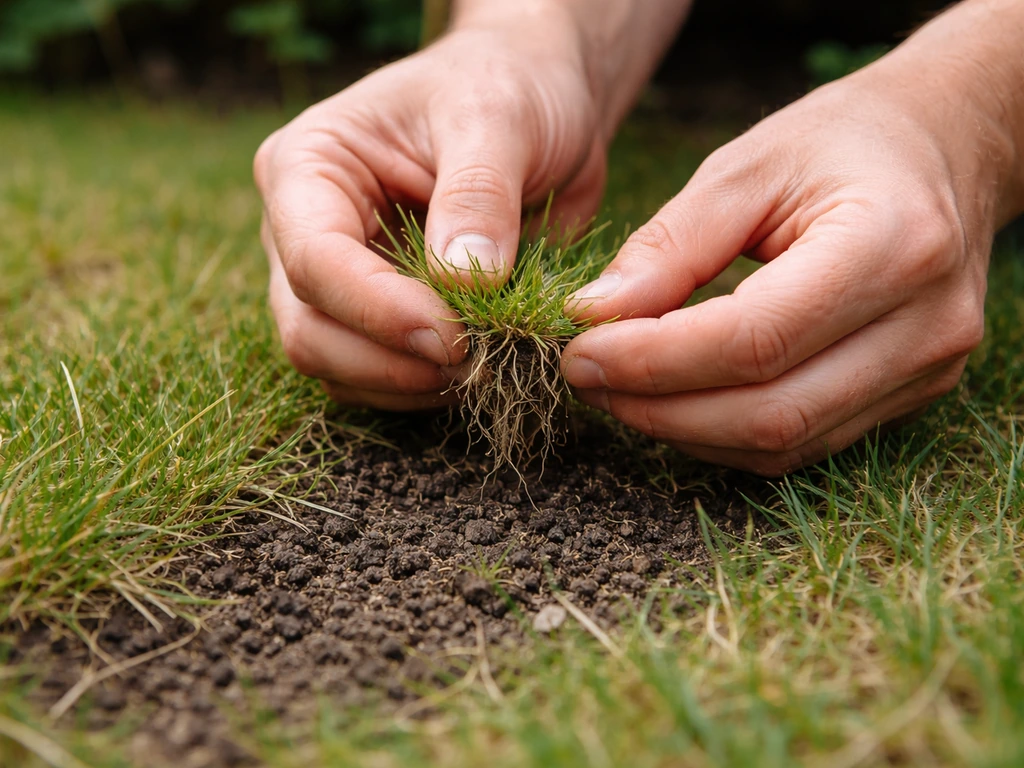 Close-up van handen die een plukje gras optillen en vochtige aarde naast het gras inspecteren.