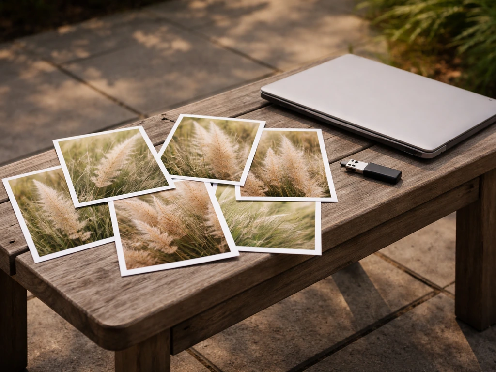 Collectie van fotoprints met verschillende siergraspluimen op een houten bankje, met opslagapparaat ernaast