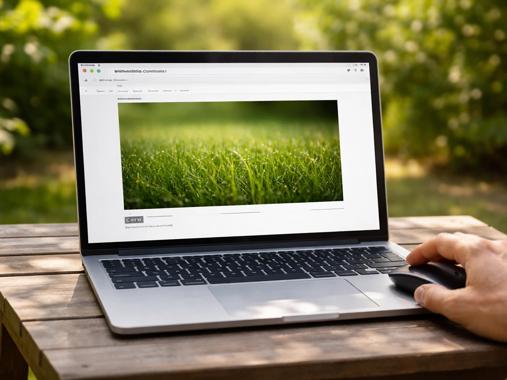 Laptop met Wikimedia Commons weergave van een grasfoto en licentie-informatie (CC BY-SA), in een rustige tuinomgeving.