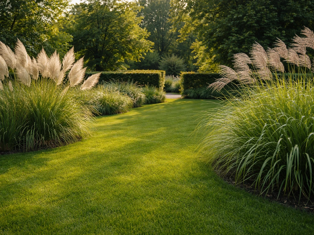 Groen gazon met miscanthus en pampasgras in een rustige Nederlandse tuin bij zacht avondlicht.