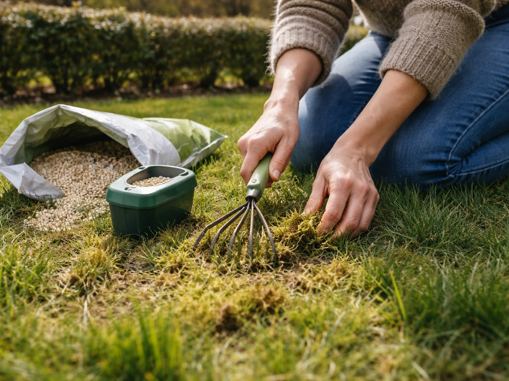 Handen die mos verwijderen op een voorjaarsegazon in een Nederlandse tuin, met strooier en korrels erbij.