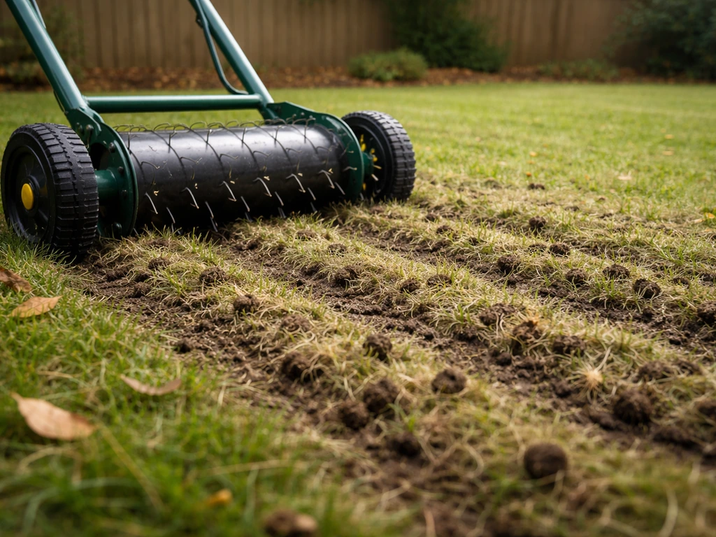 Gazon in herstel: verticuteren en beluchten met zichtbare gaatjes en vilt.