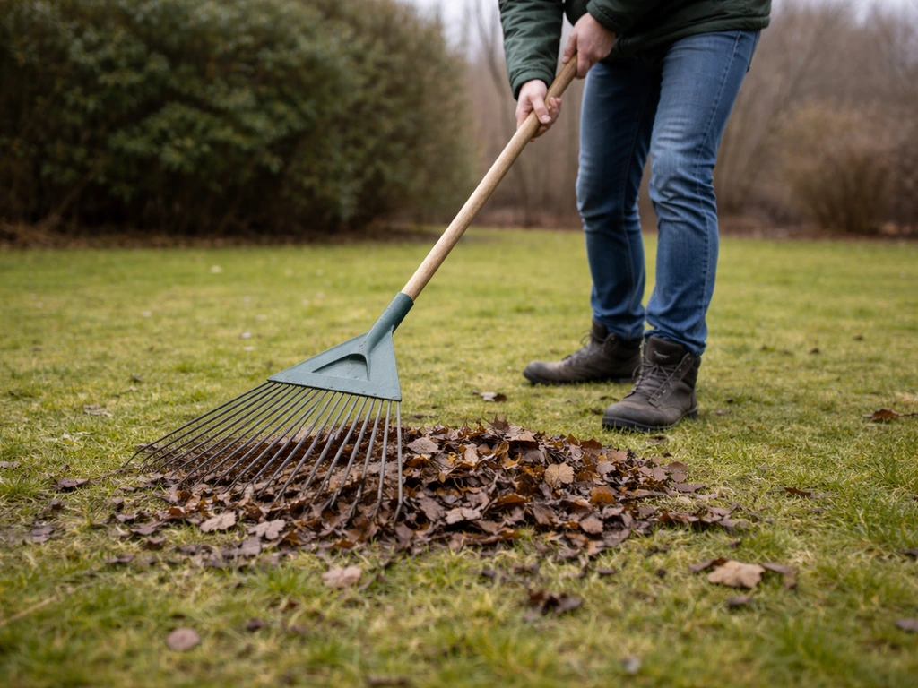 Een persoon die met een hark bladeren en takjes van een gazon verwijdert, zodat het klaar is voor verticuteren.
