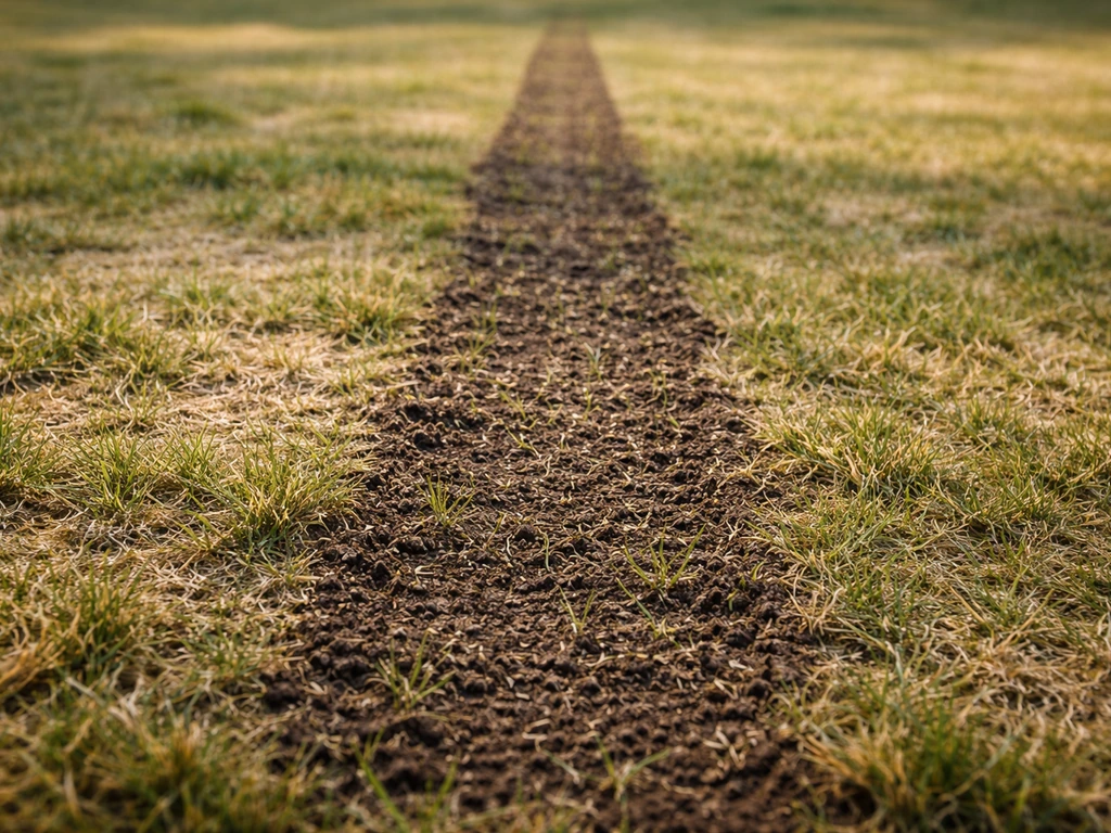 Tuin met ingezaaide kale stroken na verticuteren, licht ingeharkt en beginnende kieming in het vroege voorjaar