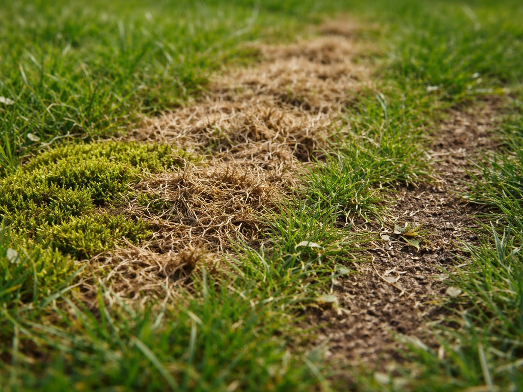 Tuiniergras met viltige stroken, mosachtige plekjes en een dun stuk gras, close-up voor diagnose.