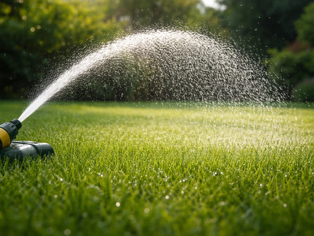 Besproeiing van een Nederlands gazon: waterstraal met regendruppels die in het gras doordringen