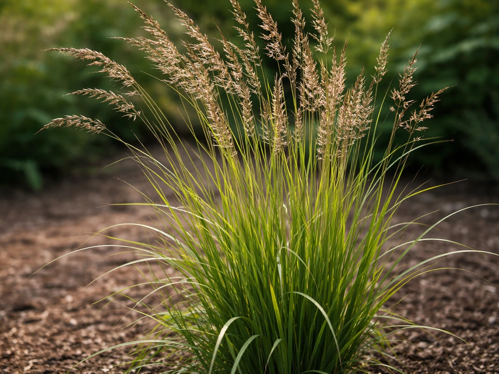 Close-up van molinia gras met duidelijke halmen, blad en pluimstructuur in een rustige tuinachtergrond.