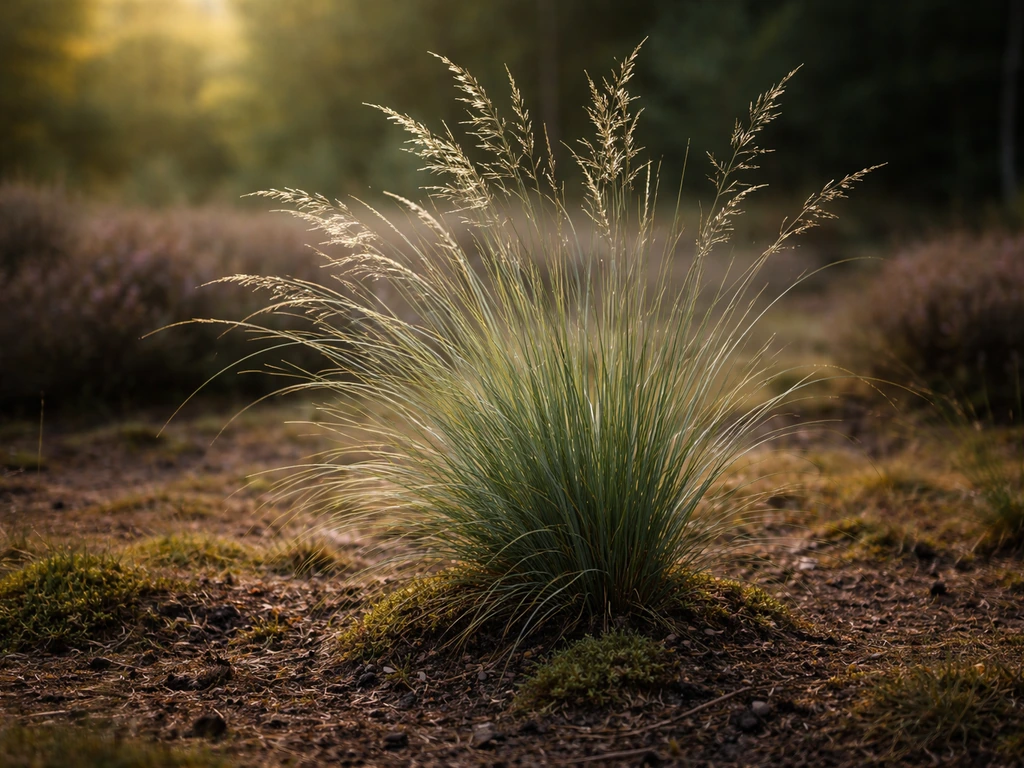 Molinia gras in zonlicht op vochtige, zure heideachtige grond bij een bosrand