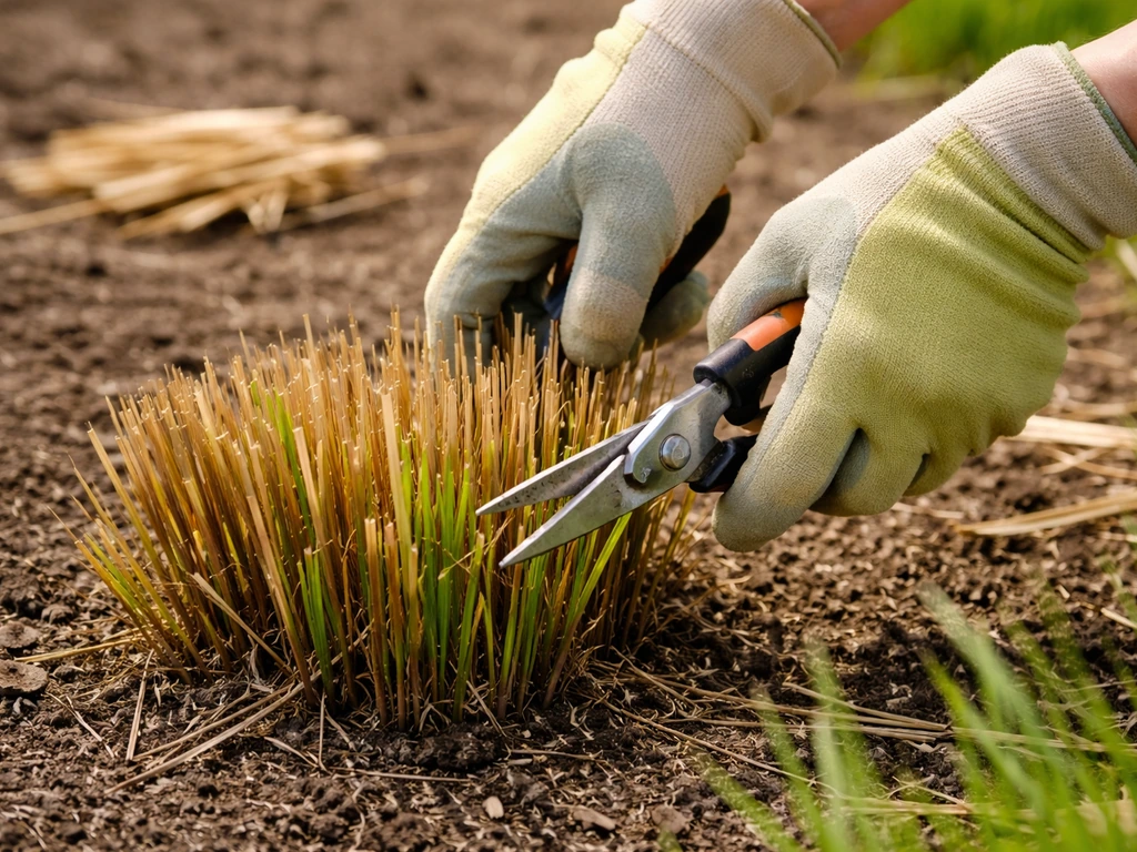 Handen knippen met tuinschaar een pol siergras in de lente terug; nieuwe scheuten zichtbaar.