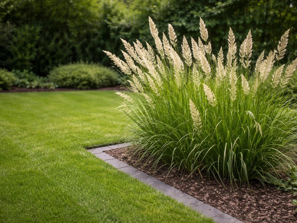 Siergras (gras plant) in een Nederlandse tuin naast een strakke grasstrook, pluimen in zachte belichting.