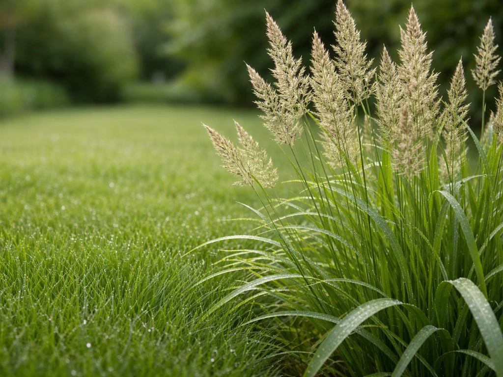Close-up van siergrassen en grasstructuren in een Nederlandse tuin, met duidelijke verschillen in blad en pluimen.