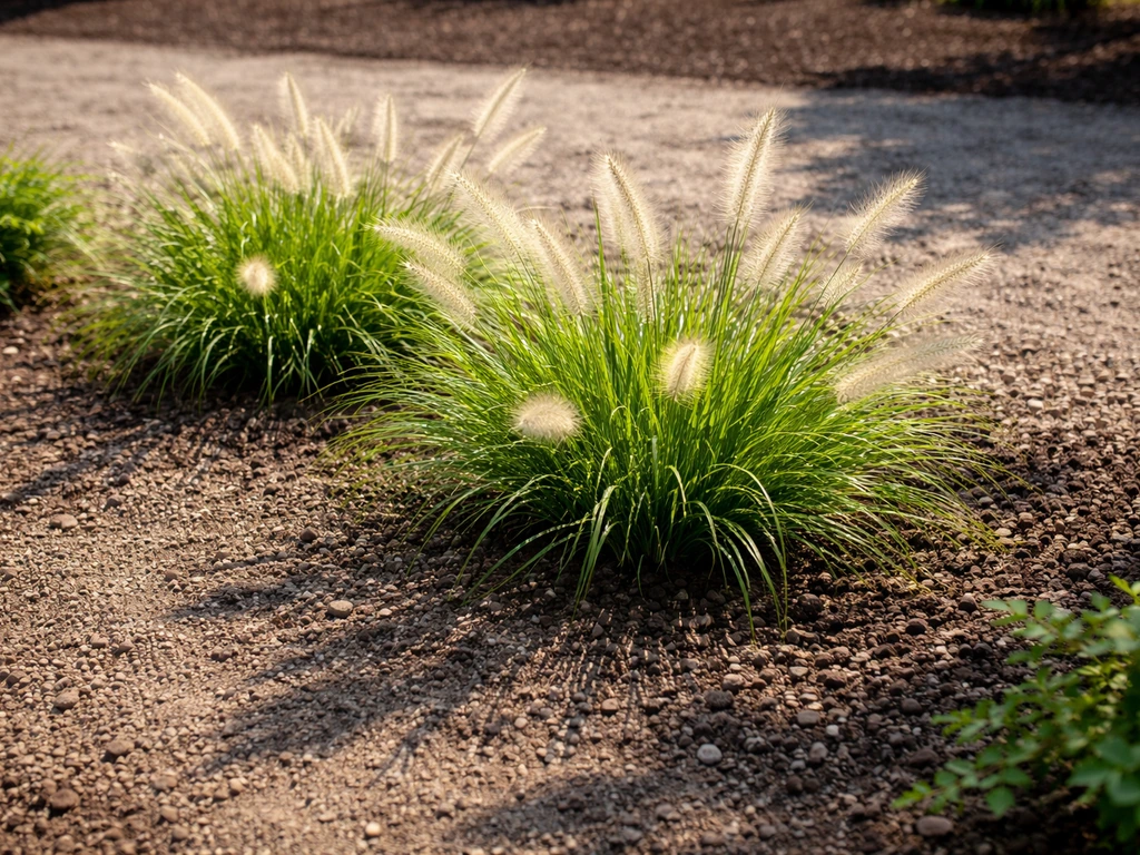 Zonnige tuin met siergras en zichtbaar goed doorlatende, licht vochtige grond zonder plassen.