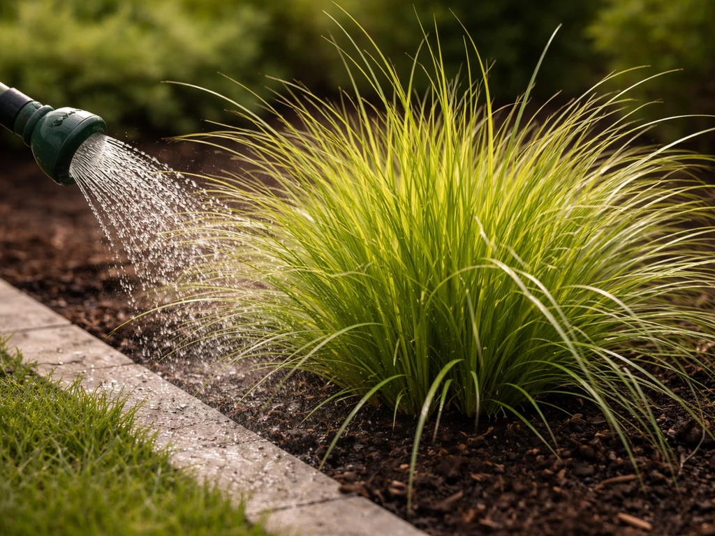 Siergras in de tuin dat water krijgt via slang/druppelaar bij warm lente/zomer-weer.