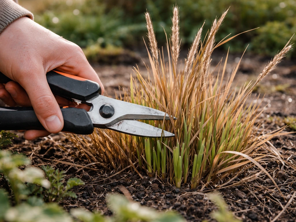 Handen knippen siergras terug met snoeischaar in een tuin in het vroege voorjaar