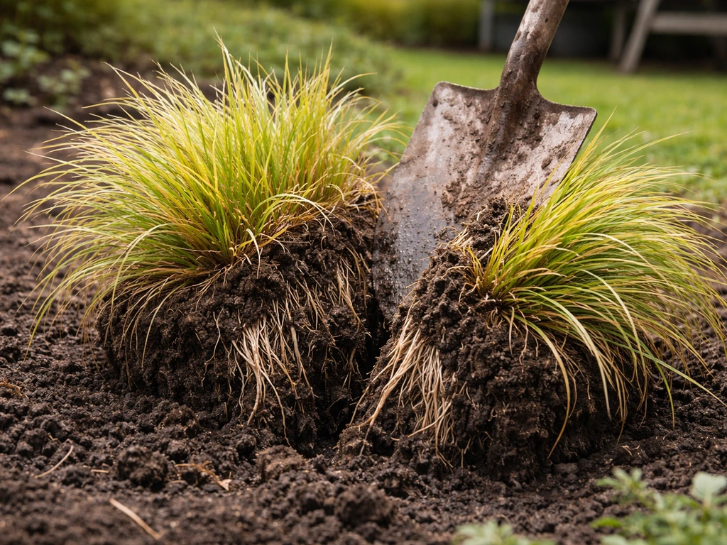 Spade die een vaste siergraspol scheurt, met losse poldelen klaar om opnieuw te planten in het voorjaar