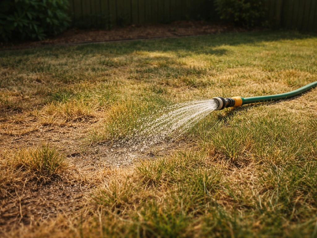 Uitgedroogd gazon in een Nederlandse tuin met een tuinslang die water geeft, alsof het te heet werd.