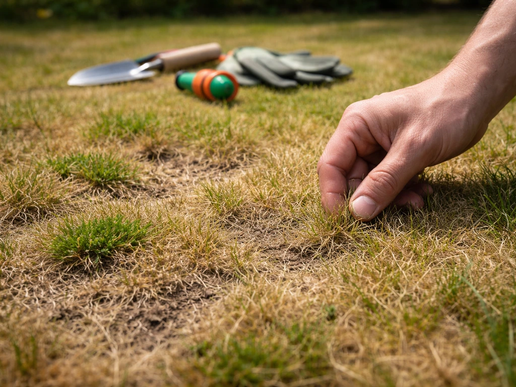 Close-up van een gazon met geel/lichterbruin gras en verdroging, met een tuinierhandschoen en tuingereedschap op de acht