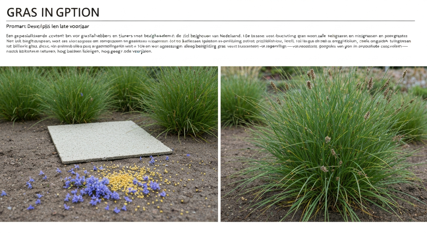 Moderne Nederlandse tuin met lichtgrijs grind en pollen Molinia en Festuca, plus een smalle berijdbare strook met grasrooster